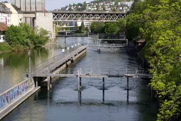 River Limmat at a beautiful spring morning at City of Zurich. Photo taken May 10th, 2021, Zurich,...