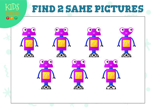 Find two same pictures kids puzzle vector illustration. Activity for preschool children with matching objects and finding 2 identical. Cartoon funny robot game