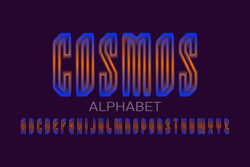 Cosmos alphabet of luminous orange blue 3d letters. Glowing display font. Isolated english alphabet.