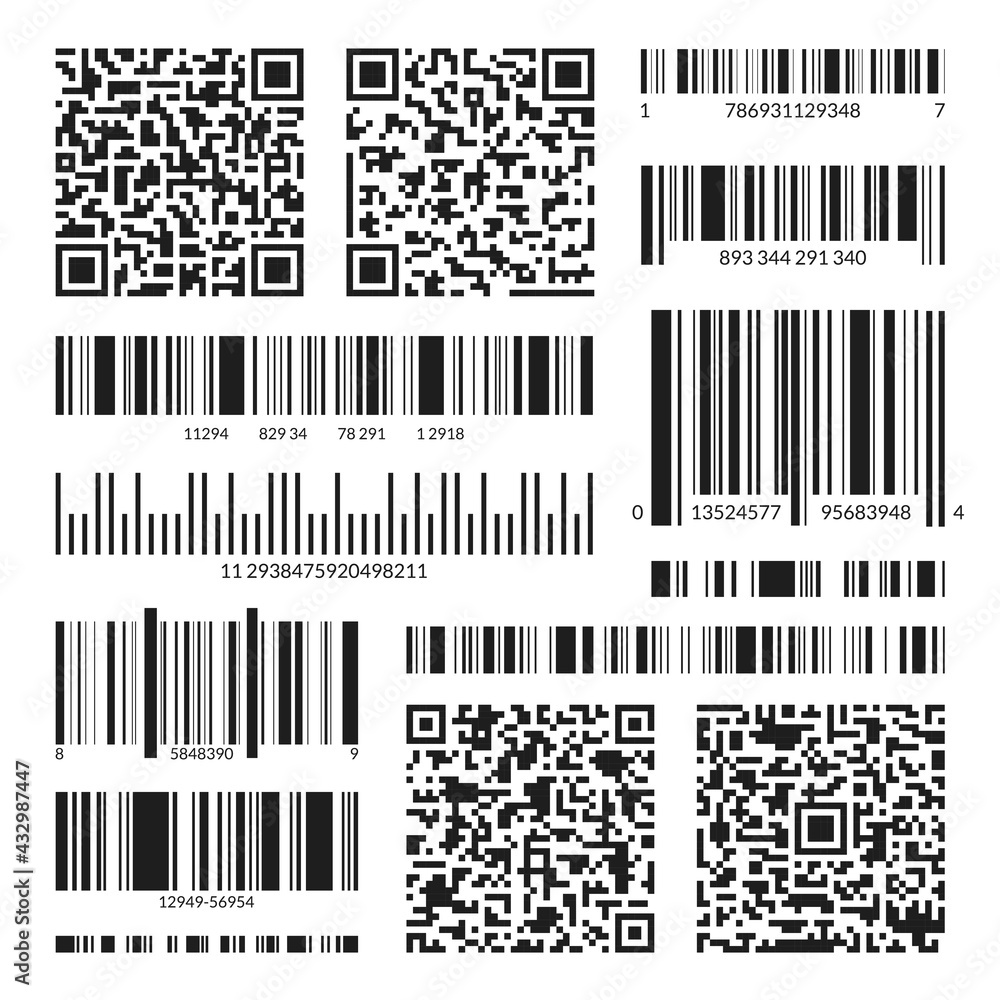 Aufkleber different black barcodes and qr codes set. vector