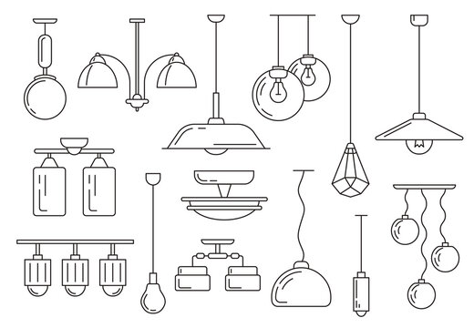 Hanging Lamps Sign Thin Line Icon Set. Vector