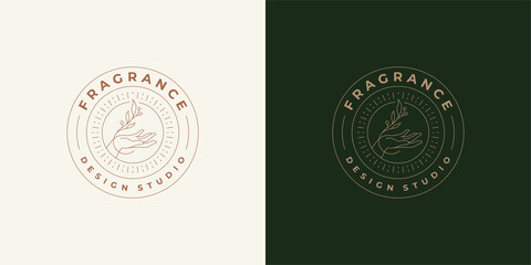 Hand with branch and leaves near logo emblem design template vector illustration in minimal line art style