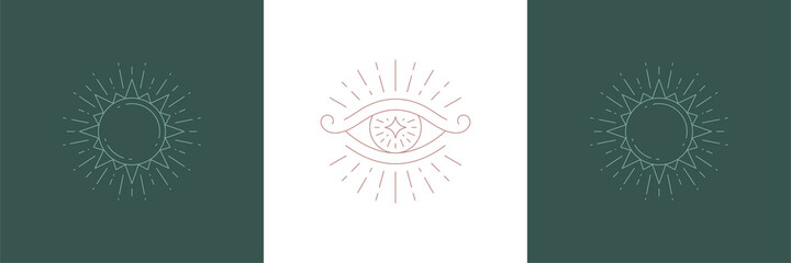 Magical eye of wisdom and sun in sparks in boho linear style vector illustrations set.