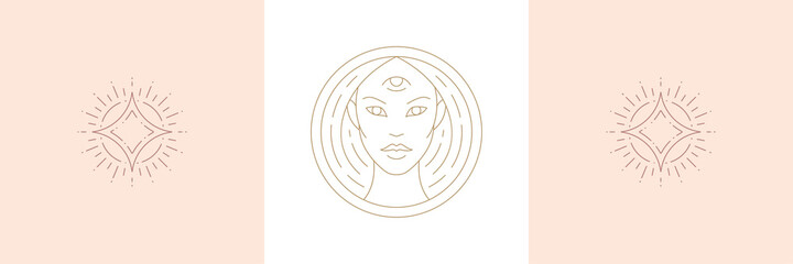 Magic woman and shiny stra in boho linear style vector illustrations set.