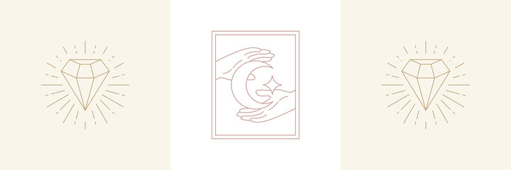 Woman hands with moon crescent and diamond in boho linear style vector illustrations set.