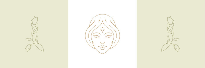 Magic woman creature head and twigs with rose flowers in boho linear style vector illustrations set