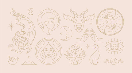Magic woman boho vector illustrations of graceful feminine women and esoteric symbols set. © provectors