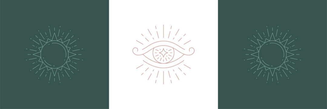 Magical eye of wisdom and sun in sparks in boho linear style vector illustrations set.