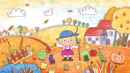 Obraz na płótnie Canvas Autumn Harvest Party Backdrop Background. Cute oil pastel drawing crayon doodle for children book illustration poster wall painting. pumpkin eggplant, cucumber, tomato, pepper, potato, cabbage, carrot