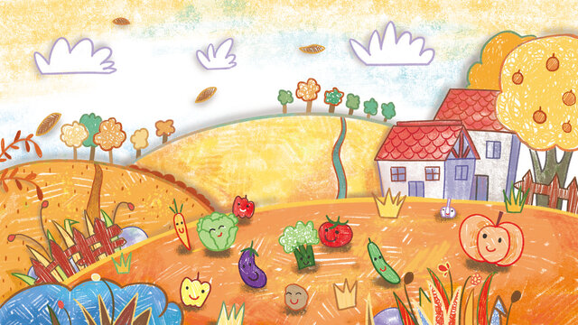 Autumn Harvest Farm Backdrop Background. Cute oil pastel drawing crayon doodle for children book illustration poster wall painting. pumpkin, eggplant, cucumber, tomato, pepper, potato, cabbage, carrot