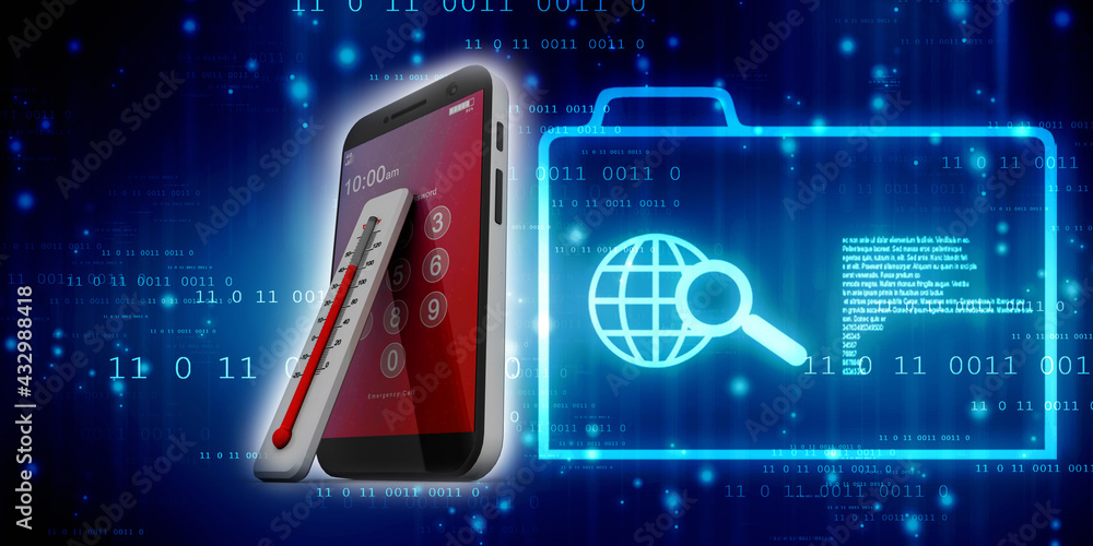 Poster 3d rendering fever checking thermometer with mobile