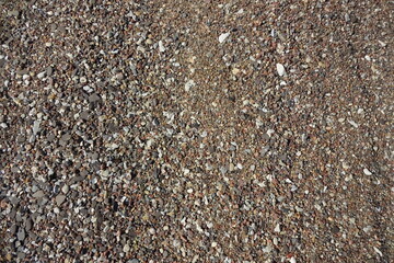Abstract close up small brown and grey color pebble stones on the beach during a sunny day, nature background