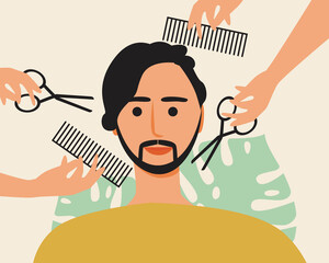 Man at hairdresser, hair care, flat vector stock illustration with beard cut in barbershop salon