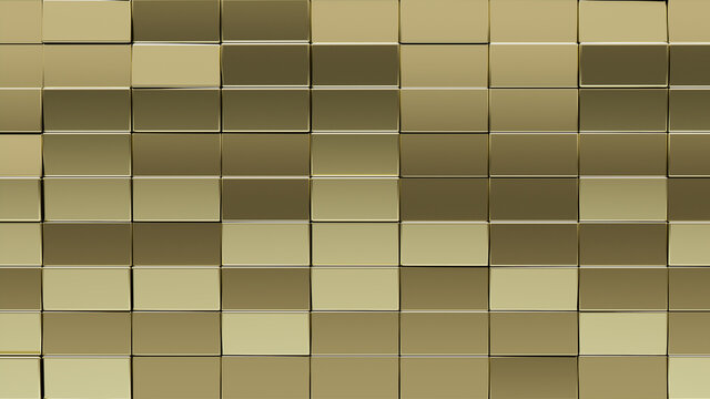 Glossy, 3D Mosaic Tiles arranged in the shape of a wall. Gold, Rectangle, Bullion stacked to create a Polished block background. 3D Render