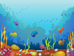 Naklejka na ściany i meble Marine animals and plants, colored cartoon with marine life. Various types of algae and shells. Vector illustration