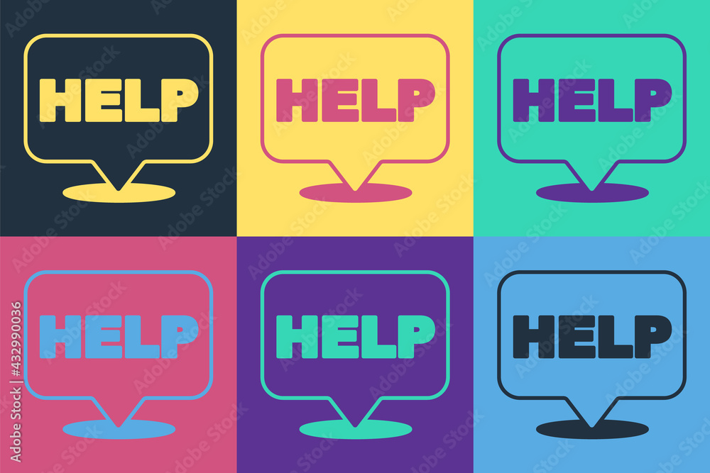 Poster pop art speech bubble with text help icon isolated on color background. vector