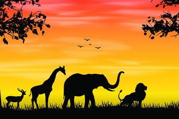 Fototapeta na wymiar lion leading the team, leadership concept vector illustration, the silhouette of lion, giraffe, deer, elephant, forest background illustration. king of the jungle, wild animals silhouette vector art.
