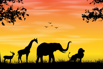 lion leading the team, leadership concept illustration, the silhouette of lion, giraffe, deer, elephant, forest background illustration. king of the jungle, wild animals silhouette illustration art.