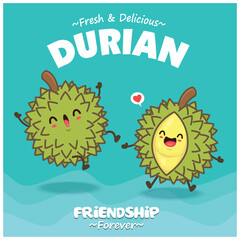 Vintage food poster design with durian character.
