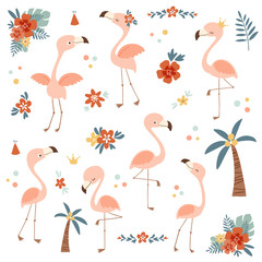 Fototapeta premium Collection of cute pink flamingoes and tropical flowers design elements.