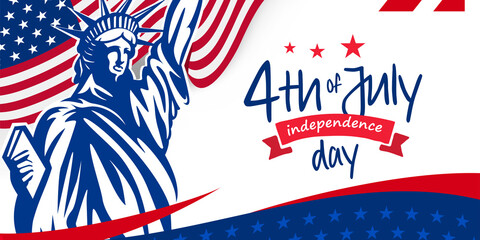 4th of July, USA, United States of America independence day celebration design on the USA, united states of American waving flag and statue of liberty on the background.  © Tajuddin
