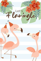 Summer background design with funny pink flamingoes. For party invitation, poster, flyer, web banner, greeting cards, etc.