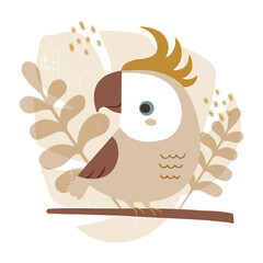 Vector illustration of cute cockatoo parrot with botanical background in trendy earthy colors. © Torico