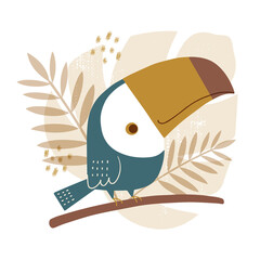 Vector illustration of cute toucan with botanical background in trendy earthy colors. © Torico
