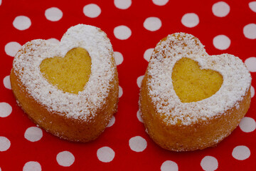 Little heart cakes on red dottet napkin