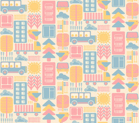 bright seamless pattern with city landscape elements in geometry shapes
