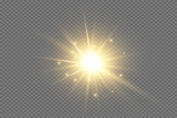 Glow effect. Gold star on a transparent background. Bright sun. Vector illustration.