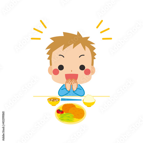 ご飯を食べる前に元気よくいただきますと挨拶をする礼儀正しい小さな男の子のイラスト Wall Mural ぽこたぽこ ご飯を食べる前に元気よくいただきますと挨拶をする礼儀正しい小さな男の子のイラスト Wall Mural ぽこたぽこ