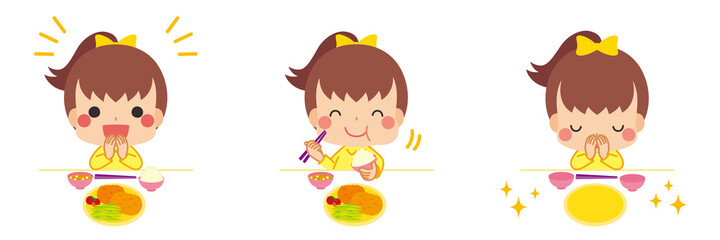 ご飯を食べる前に元気よくいただきますと挨拶をする礼儀正しい小さな男の子のイラスト Wall Mural ぽこたぽこ