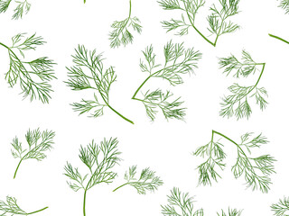 Naklejka premium Seamless pattern on white background made of raw green dill leaves used as herb or spice for flavouring or seasoning food, for garnishing and topping full of vitamins. Suitable for healthy eating