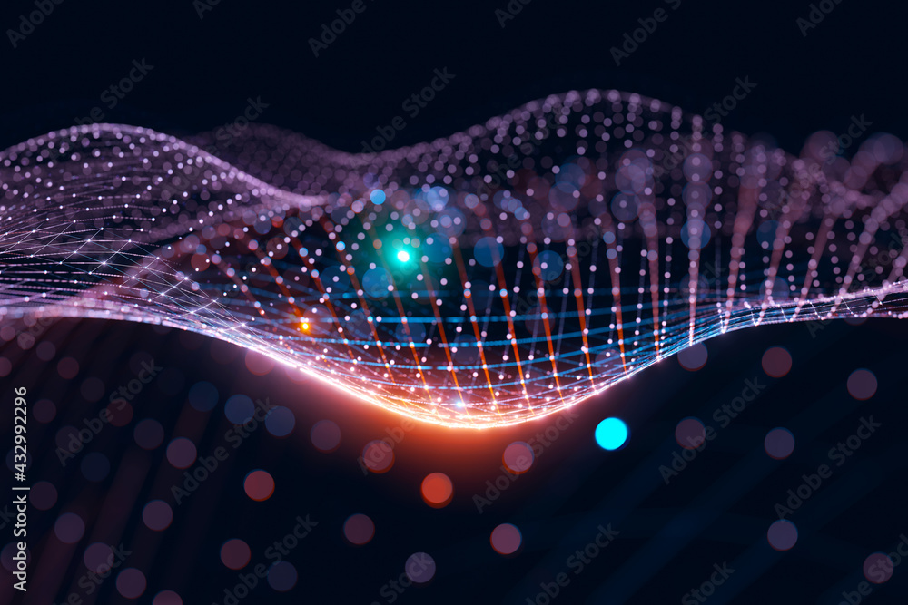 Aufkleber moving neon blue and orange wireframe pattern forming a digital network connection on dark backgroun