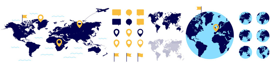 World maps and globe vector set, on white background - Collection of earth with map and graphical elements on Travel concept.