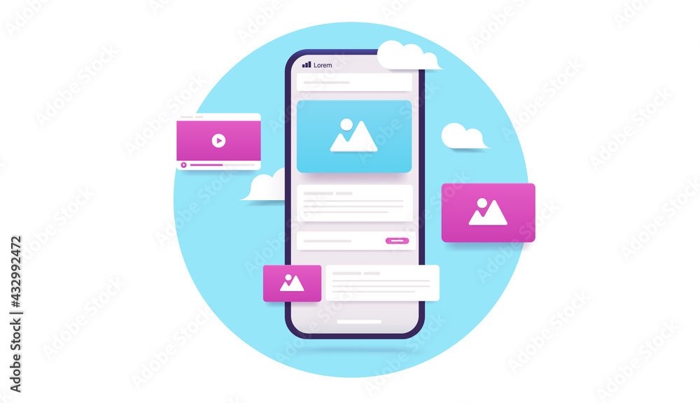 Poster Smartphone and ui elements in oval frame - Vector illustration of mobile phone with web elements in blue circle and white background.