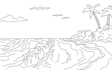Doodle cute the sea, ocean. Relaxation isolated line. Hand drawn vector illustration coloring.