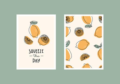 Squeeze the day. Inspirational card or home decor with hand drawn lemons. 