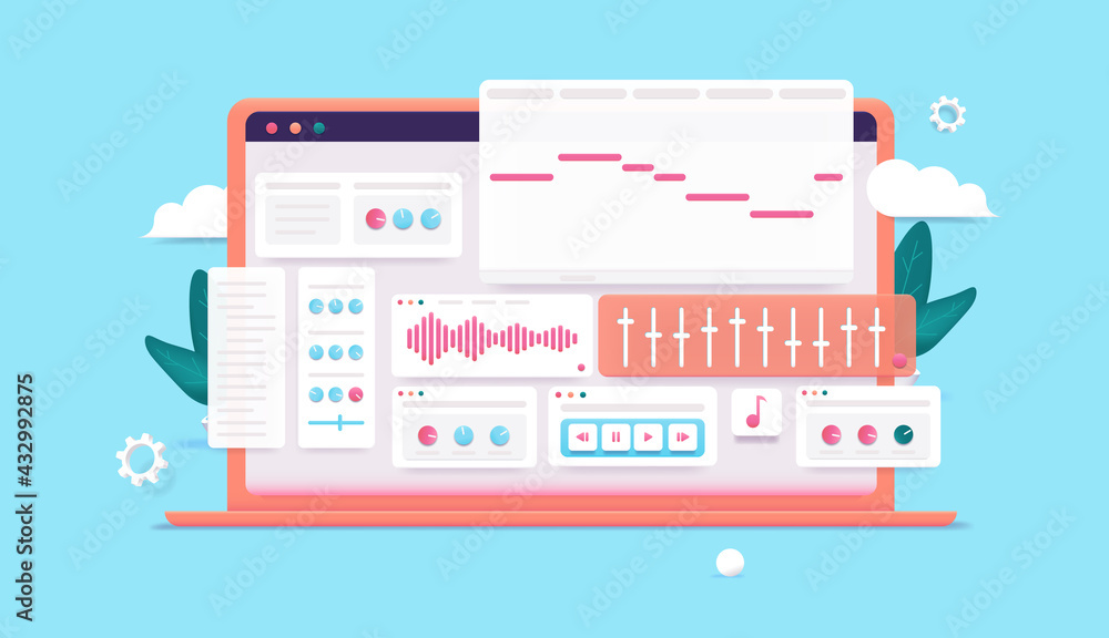 Poster music production computer - laptop with sound and audio software popping out of screen. vector illus