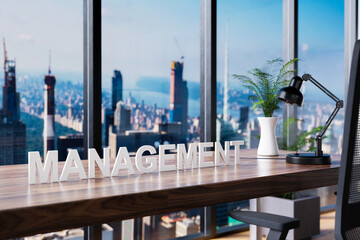 business; office chair in front of modern workspace and panoramic skyline view; management concept; 3D Illustration