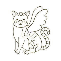 Cat with angels wings. Funny kitten. Coloring book. Vector illustration on white background.