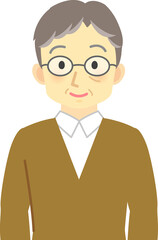 イラスト素材：ニッコリ笑う眼鏡をかけた年配男性の上半身
