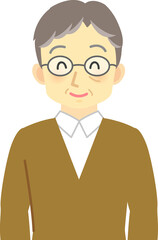 イラスト素材：目を細めてニッコリ笑う眼鏡をかけた年配男性の上半身
