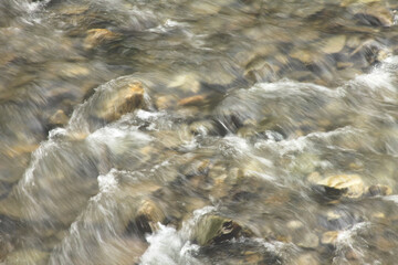 Blurry rushing streams of water flowing over stones