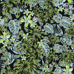 Moody Tropical Floral vector seamless repeat pattern.  - 432994635