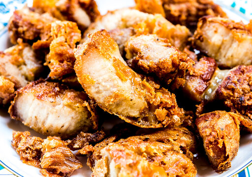 Fried Fritter Pork Belly In  Plate , In Door  Chiangmai  Thailand