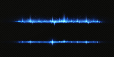 Blue horizontal lens flares pack. Laser beams, horizontal light rays.Beautiful light flares. Glowing streaks on dark background. Collection effect light blue line png.