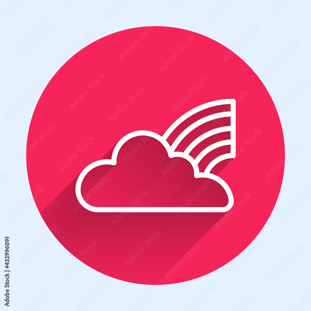 Poster white line rainbow with clouds icon isolated with long shadow. red circle button. vector