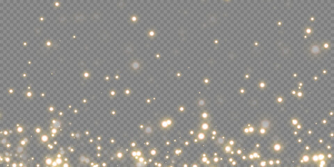 Christmas background. Powder dust light PNG. Magic shining gold dust. Fine, shiny dust bokeh particles fall off slightly. Fantastic shimmer effect. Vector illustrator.